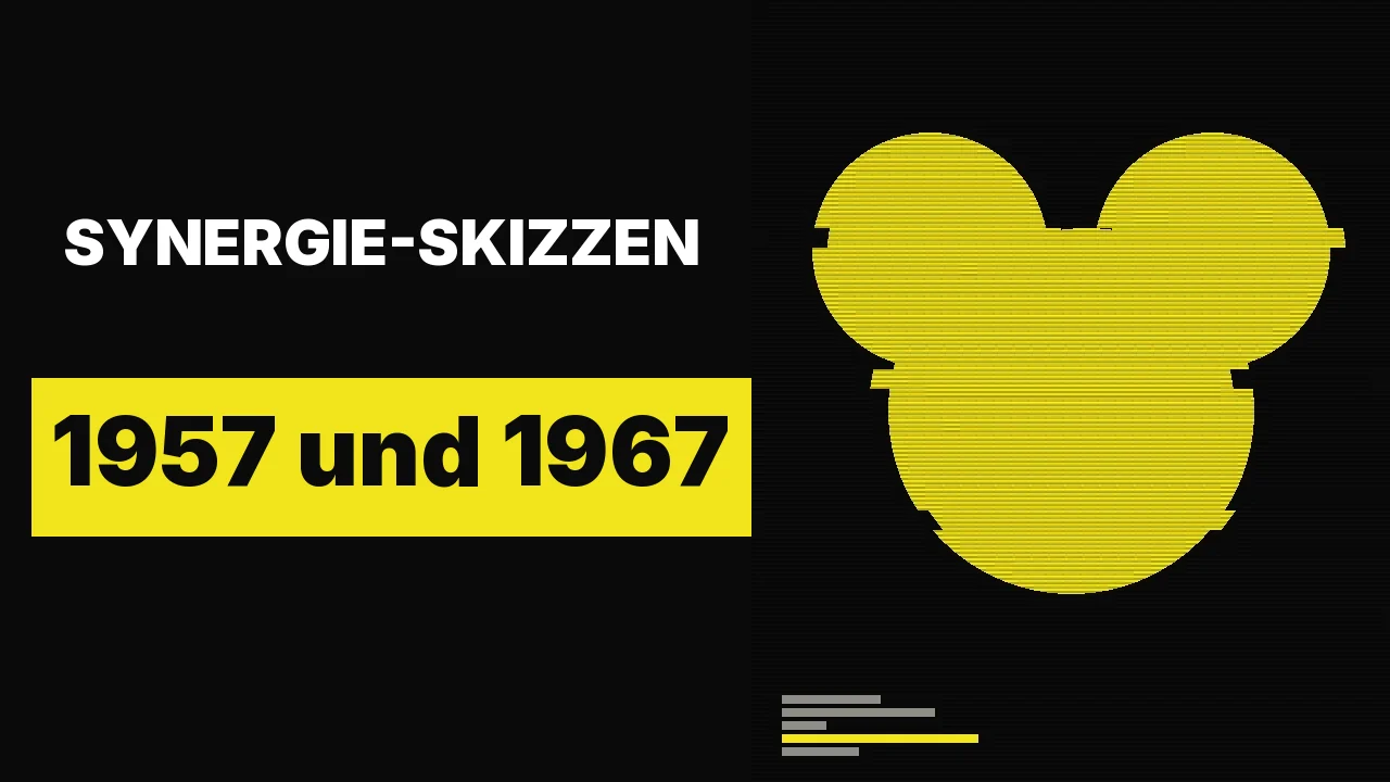 Disney-Synergie-Skizzen 1957 und 1967: der Film in der Mitte, dann rücken die Parks nach